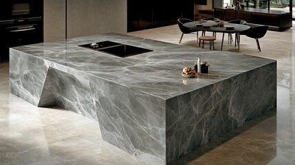 Luxurious kitchen island with a marble countertop, modern dining area