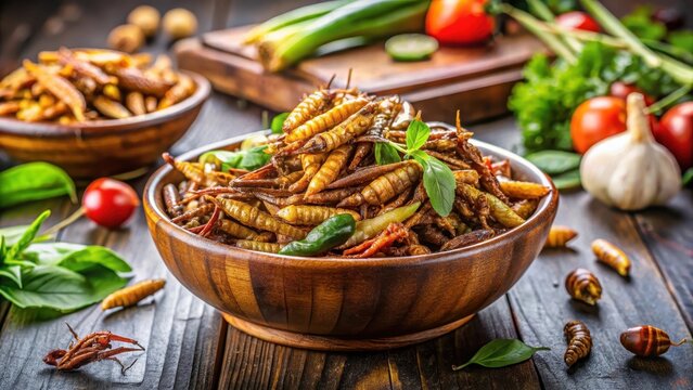 Close-up of a bowl with mixed edible insects on a kitchen table with food ingredients in the background , Insects, Healthy Snack