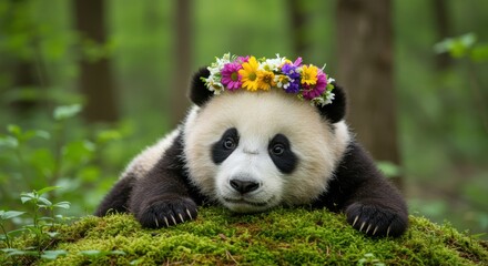 Fototapeta premium Cute Baby panda wearing a colorful flower crown lying playfully on green moss in a forest setting.