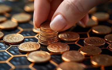 Gold coins stacked high on a honeycomb pattern background.