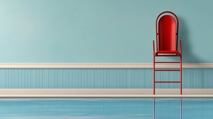 Red Lifeguard Chair at a Serene Blue Swimming Pool