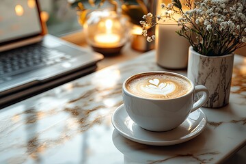 A beautifully presented coffee with flowers and a laptop on a table