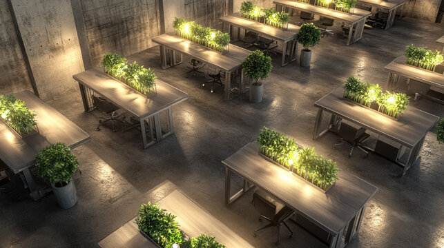 Modern Office Oasis: Serene workspace with wooden desks, potted plants, and warm lighting, creating a calming and productive atmosphere.