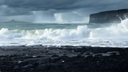 Powerful ocean waves crashing on volcanic black sand beach - Powered by Adobe