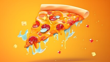 Cheesy Pizza Slice with Toppings Flying Out