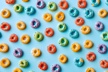 Bright, round cereal adorns the light blue surface of the bowl, the background and the spilled cereal create a pleasing visual harmony
