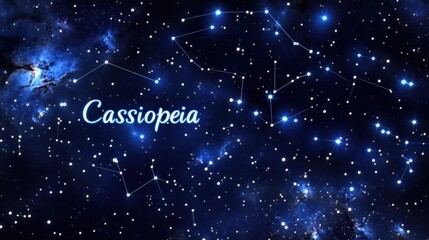 Cassiopeia constellation, night sky, nebula background, astronomy education