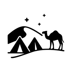 Black silhouette icon of a desert camp with camel, tents, and stars, perfect for Middle Eastern travel, safari nights, and cultural adventures.