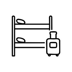 Minimal line icon of a bunk bed with suitcase, symbolizing hostel accommodation, backpacker lifestyle, or budget travel essentials.