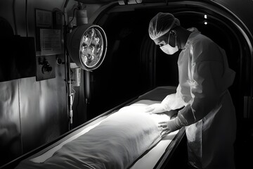 The process is silent, orderly with every injection, every stitch, carried out by the embalmer with full concentration and empathy. Here, between the stiff body and the departed soul, humanity lives