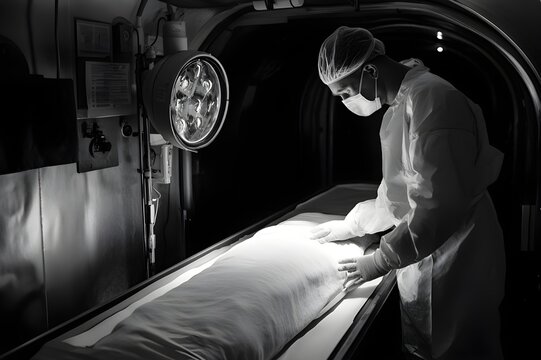 The process is silent, orderly with every injection, every stitch, carried out by the embalmer with full concentration and empathy. Here, between the stiff body and the departed soul, humanity lives
