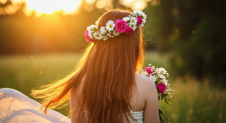 Naklejka premium Rear view of a woman with long red hair wearing a vibrant flower crown standing in a sunlit field at sunset.