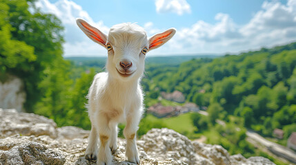 Obraz premium Adorable baby goat kid standing on a rocky outcrop, overlooking a lush green valley. A charming and heartwarming springtime image.
