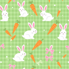 Obraz premium A delightful Easter-themed pattern featuring whimsical bunnies, vibrant carrots, and playful wavy stripes. The charming green checkered background is adorned with whimsical ribbon bows.