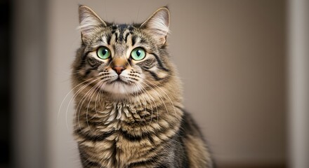 Realistic fluffy tabby cat sitting upright