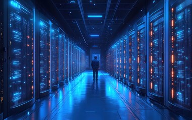 Futuristic server room hallway with illuminated technology.