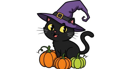 Cartoon black cat with a witch hat