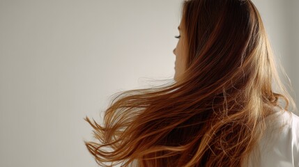 Naklejka premium Beautiful model girl with Brown hair strand,silky healthy chestnut wavy hair strand,hair wavy ribbon, with smooth,Keratin straightening,Treatment,straight long hair,procedures,Smooth hairstyle.