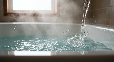 Relaxing Hot Bath: Water Filling a Tub, Steam Rising, Serenity in a Bathroom