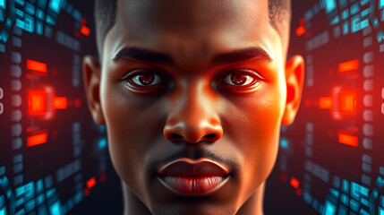 Face portrait of young African American man with focused look. 3D animation of human futuristic AI biometric face recognition system. Identification for access. Privacy and modern scanning technology.
