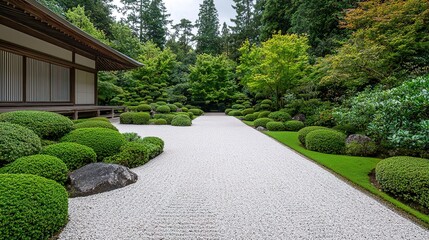 Fototapeta premium Peaceful japanese garden with gravel and stone kyoto landscape photography serene environment wide-angle view
