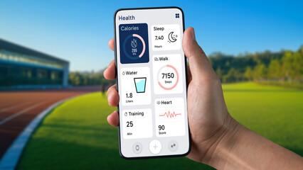 Mobile Fitness Tracker App Monitoring Health Metrics on Smartphone Screen with Outdoor Running Track Background in Bright Daylight. Agnostic