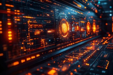 Futuristic control room, data streams, glowing interface, tech background, sci-fi design