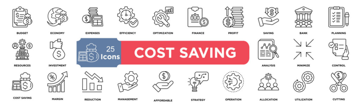 COST SAVING icon collection set. Containing budget,economy,expenses,efficiency,optimization,cutting,finance,profit,saving,reduce icon. Simple line vector.