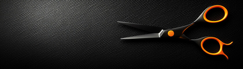 Black and orange hairdressing scissor on textured black background, professional tool for salon or barber, modern and stylish look