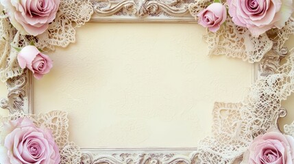 Antique frame with faded pink roses and lace textures, accented by soft beige tones, isolated on a pastel cream background