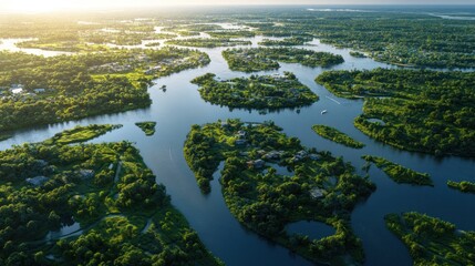 Fototapeta premium Aerial view of a river flowing through lush green islands with houses.