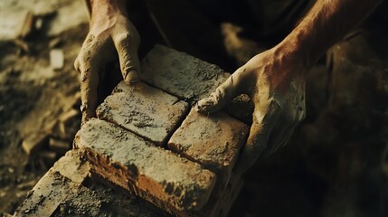 Fototapeta premium Hands Laying Bricks in Construction Work