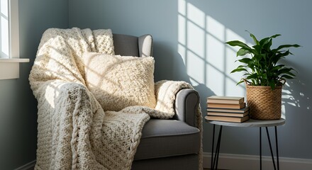 Cozy Reading Nook: Serene Home Interior with Armchair, Books, and Plant