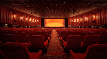 People in the cinema auditorium with Cinema blank wide screen and red chairs in the cinema hall,People silhouettes watching movie performance,empty white screen,space for text,copy space.