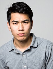 Fototapeta premium 日本人,男性,20代,イライラしている,シンプルな白い背景,AIモデル,Simple white background,Japanese,Male,Twenties,Irritated,AI Model