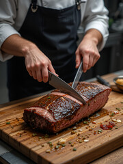 Chef sharpening knives to prepare brisket