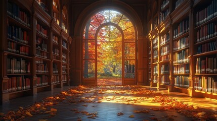 Obraz premium Autumnal library interior, showcasing a sunlit path through fall foliage.