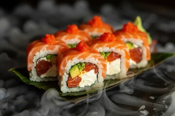 Fresh salmon sushi rolls with avocado and caviar