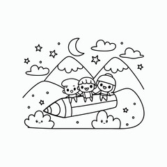 Cartoon Kids Riding Giant Pencil Through Starry Night Sky – Whimsical Fantasy Adventure.