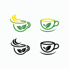 Minimalist Teacup Logo with Green Leaf and Yellow Crescent – Eco-Friendly Tea Brand Emblem. coffee cup icon set