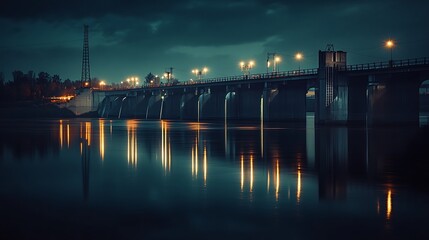 River Dam at Night with Light Reflections on Water Surface