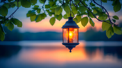 Serene sunset scene featuring a glowing lantern hanging from a tree branch over calm water.  Perfect for tranquility, peace, and nature themes.