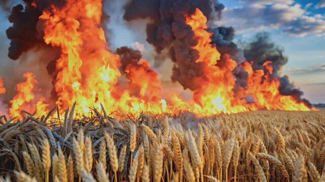 Massive fire spreading through wheat field.Wildfire rapidly burning dry wheat crops.