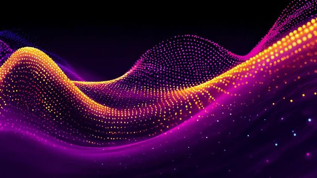 Dynamic wave of vibrant orange and magenta digital dots forming fluid undulating surface on a dark background - Powered by Adobe