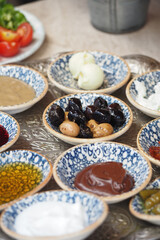 Variety of delicious dips and spreads on display at a dining table