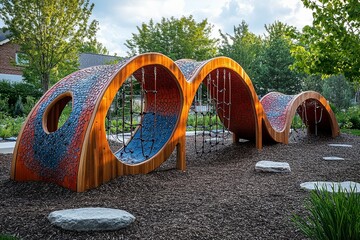 A colorful wooden playground structure found in a park setting