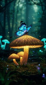 Enchanted Forest: Luminescent Fungi & Sapphire Butterfly AI Generated