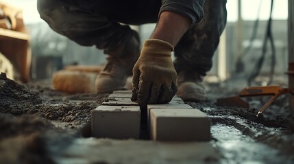 Construction Worker Laying Bricks on a Site