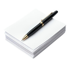 Stack of white business cards and ballpoint pen isolated on transparent background.