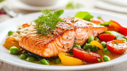 Artfully prepared salmon fillet with vibrant garden vegetables on white plate